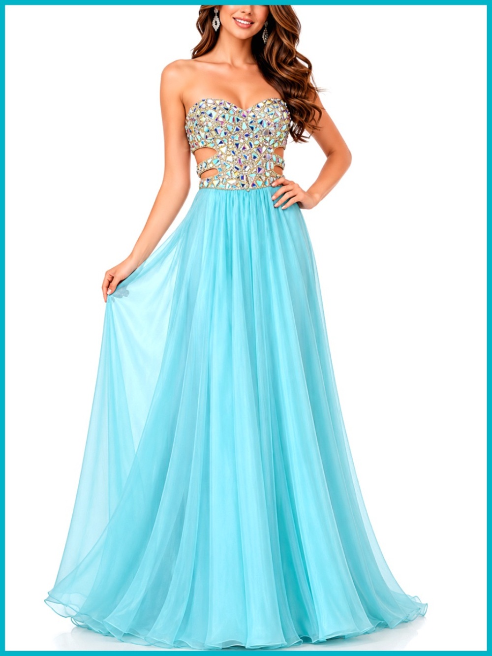 La Femme Blue Embellished Sequin & Gemstone Strapless Chiffon Dress Gown